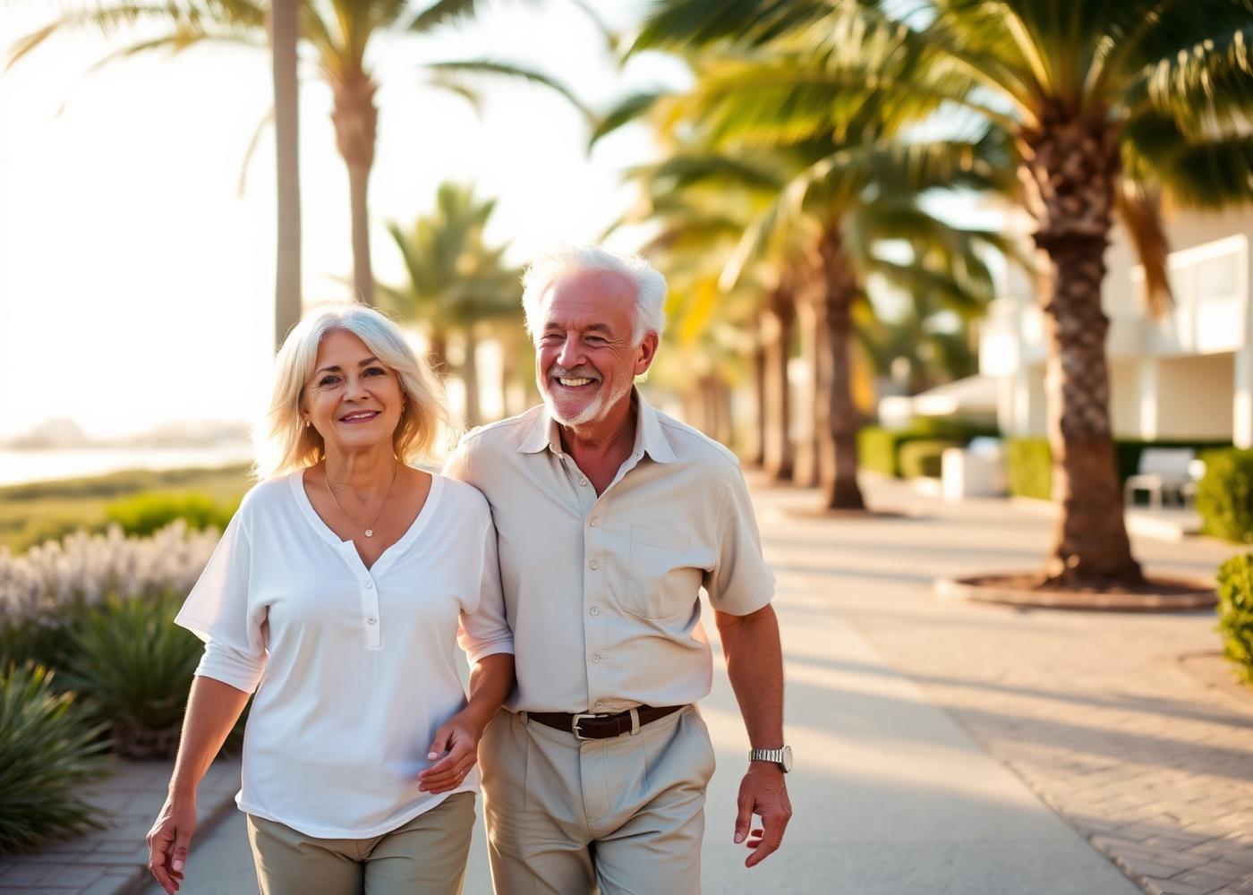 An active couple in their late 60s walking along a palm-lined path in Naples, Florida